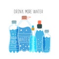 Water bottles of various shapes and volumes. Vector illustration of drinking water with logo